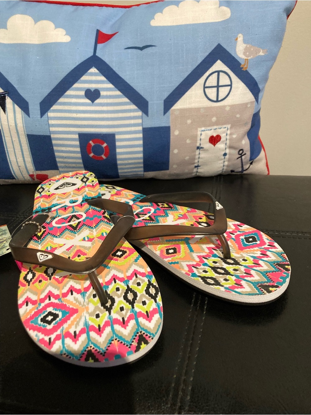 Roxy Multicolor Tribal Print Flip Flops with Brown Straps